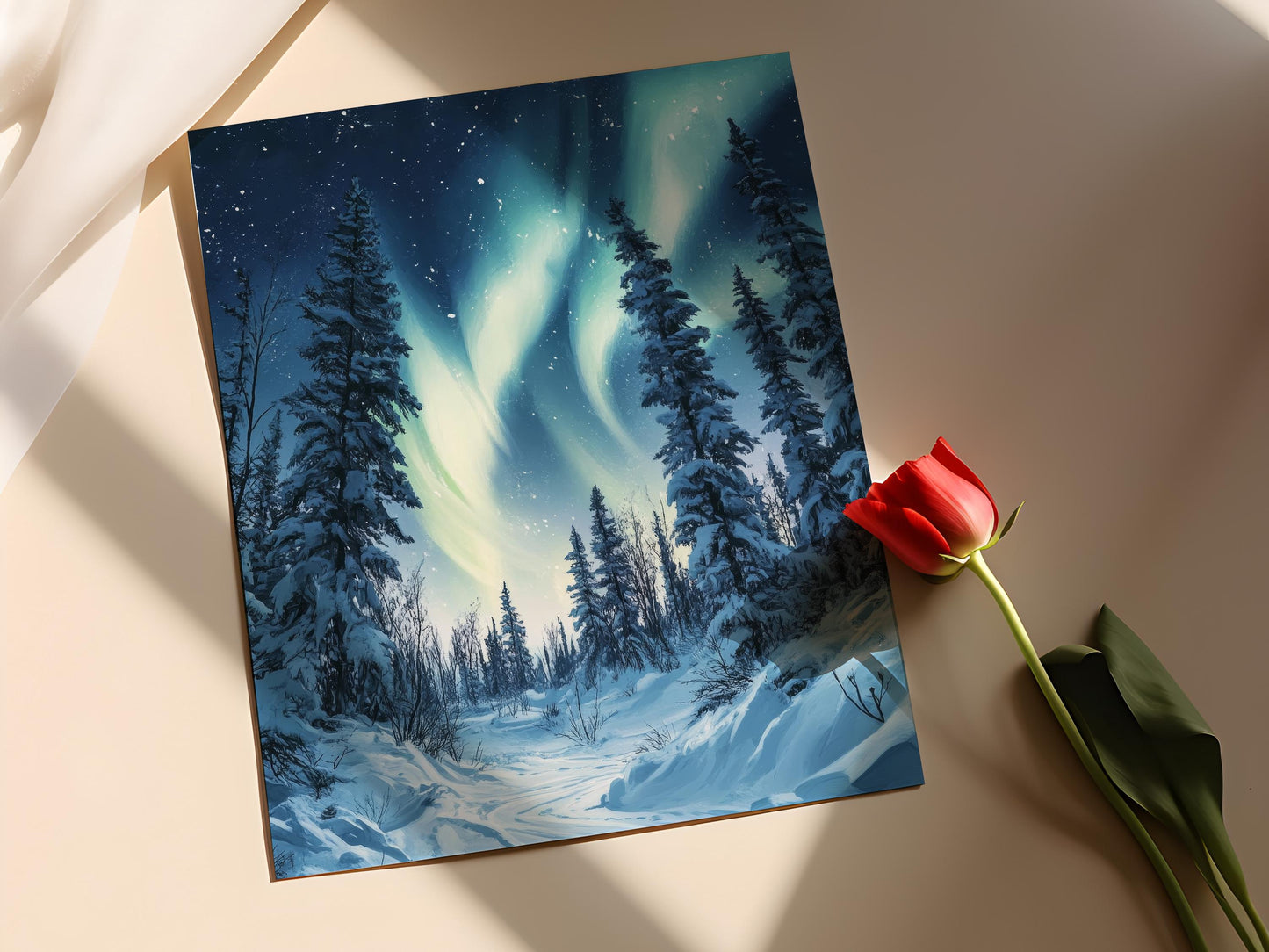 Affiche Aurore Boréale - Impression Art de la Forêt Enneigée