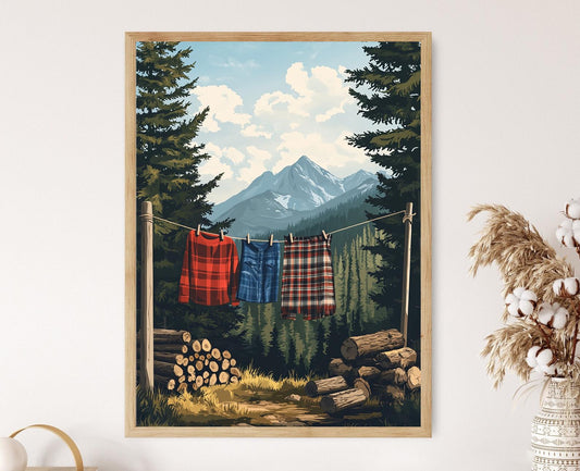 Affiche Colorado - Peinture de buanderie avec sapins et linge à étendre