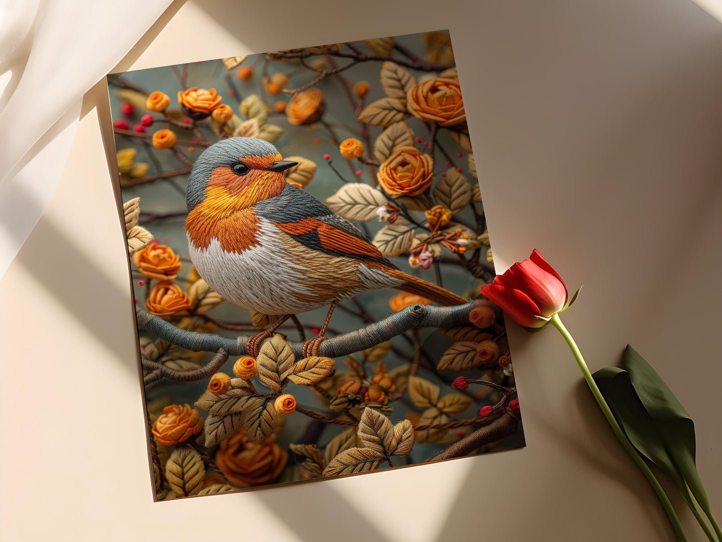 Affiche Oiseau Robin – Tableau brodé sur la nature tropicale