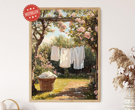 Affiche Cottagecore – Imprimé Art Linge à Linge dans un Jardin Fleuri
