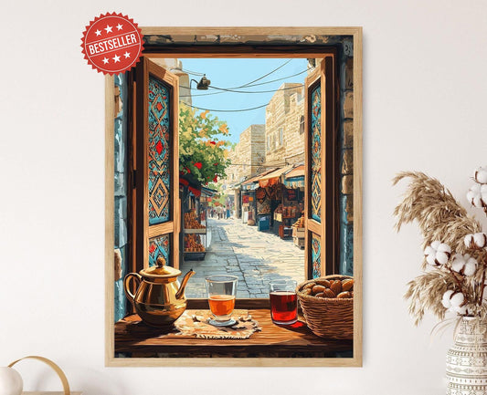 Affiche Art de Fenêtre en Bois de Nablus – Vue du Marché de Palestine