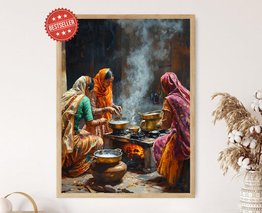 Affiche Cuisine Punjabi Traditionnelle – Poster Femmes en Cuisine, Ustensiles en Laiton