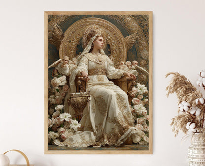 Affiche Reine du Ciel – Poster Art Sacrée avec Anges et Lys