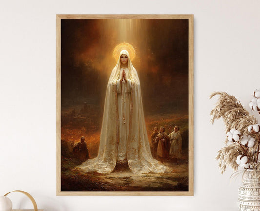 Affiche Notre-Dame de Fatima – Poster Art Sacré Catholique, Rosaire Doré