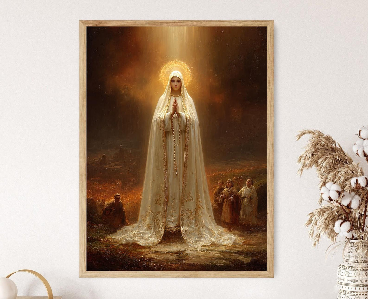 Affiche Notre-Dame de Fatima – Art sacré catholique avec chapelet doré