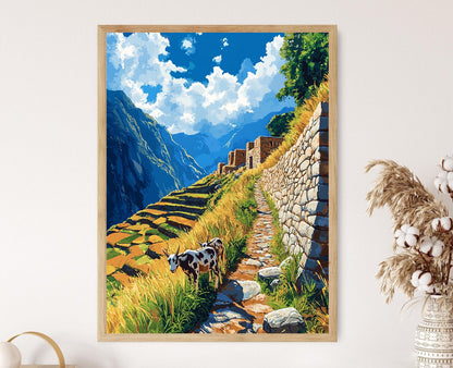 Affiche des Andes – Art Print Chemin de Chèvre Péruvien, Ruines en Pierre