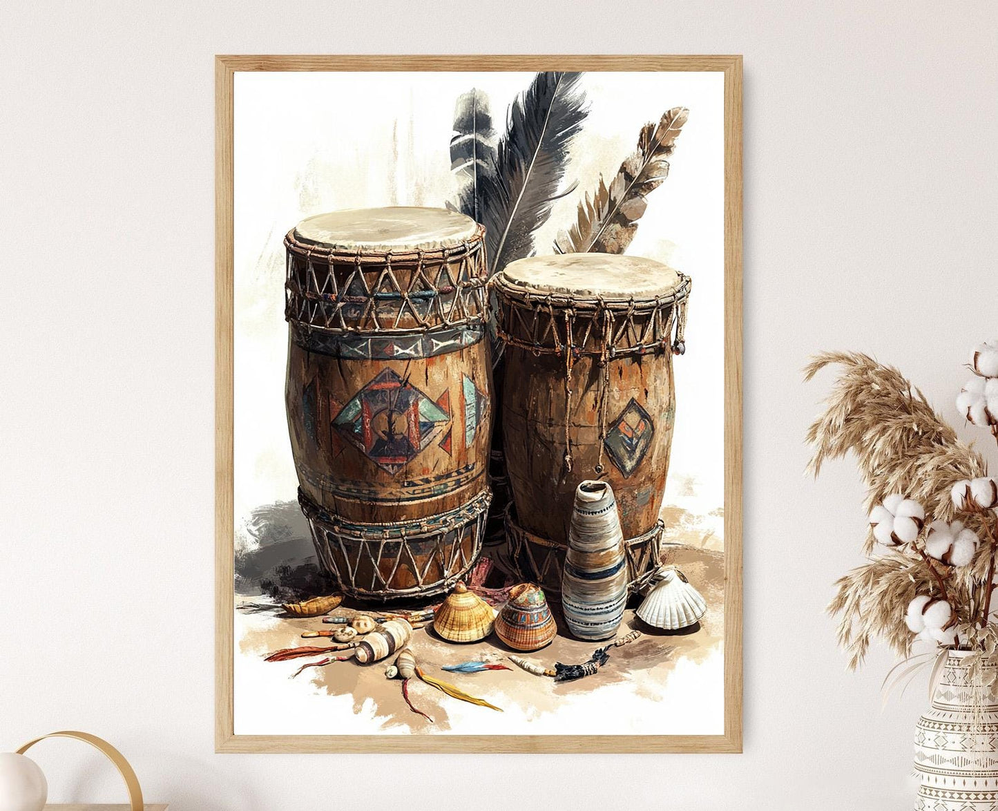 Affiche Tambour Cérémonial Africain – Illustration Symbole Tribal & Perles