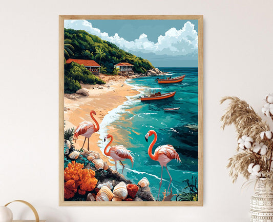 Affiche Côte Mozambicaine – Illustration Coraux et Flamants Roses
