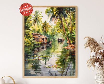 Affiche des Backwaters du Kerala – Impression artistique de paysages indiens tranquilles avec des houseboats