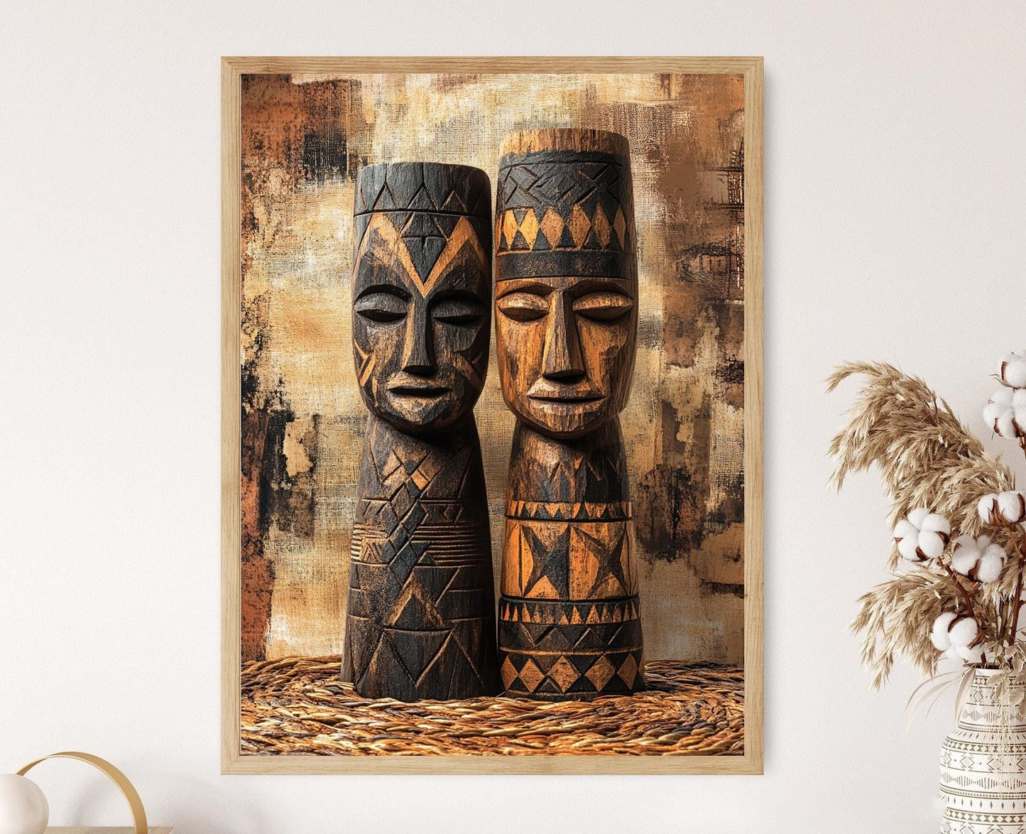 Affiche Tête Africaine Traditionnelle – Impression Art de Bois Sculpté