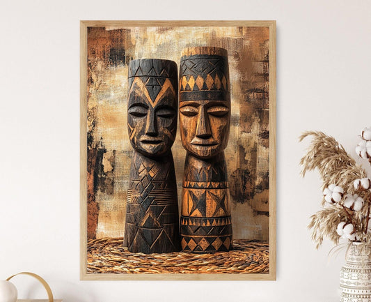 Affiche Tête Africaine Traditionnelle – Impression Art de Bois Sculpté