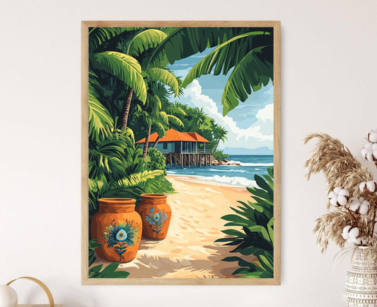 Affiche Côtière Sri Lankaise – Poster Art Terracotta Paon et Feuilles de Banane