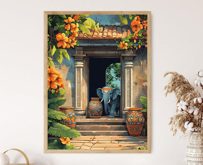 Affiche Éléphant du Sri Lanka – Poster Art Pottery de Ceylan avec Motifs Floraux