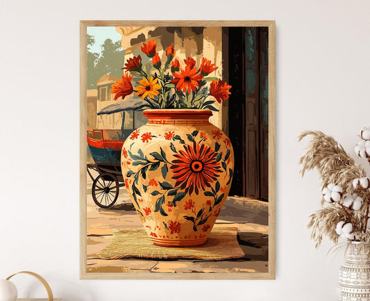 Affiche Florale Terracotta – Imprimé Artisanal Bangladais en Jute