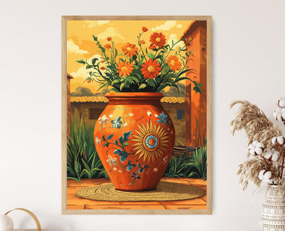 Affiche Poterie Terracotta Bengali – Poster Céramique Solaire et Floral