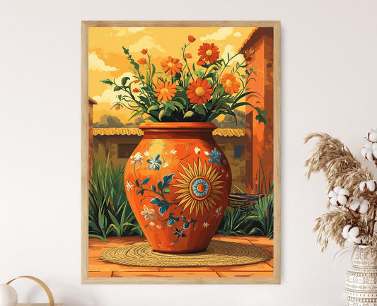 Affiche Poterie Terracotta Bengali – Poster Céramique Solaire et Floral