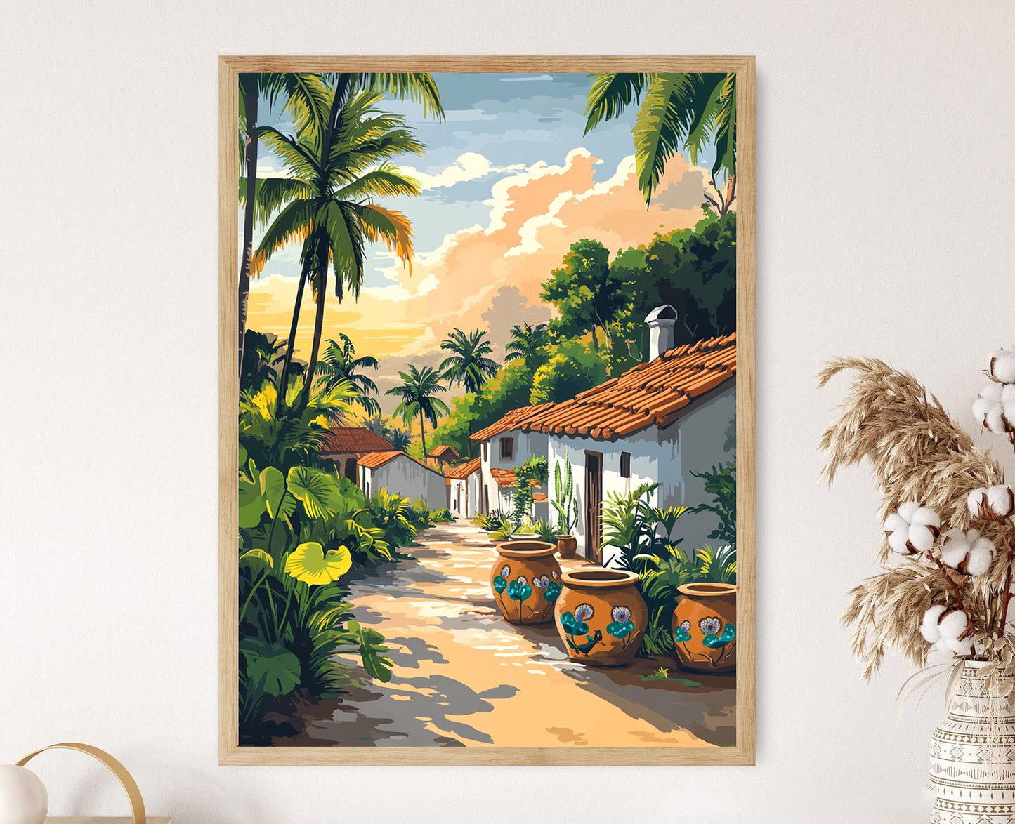 Affiche Art Thaï : Fleur de Lotus & Paon - Décor de Village