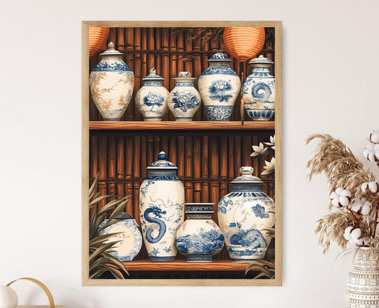 Affiche Céramique Vietnamienne : Dragon & Lanternes de Lotus