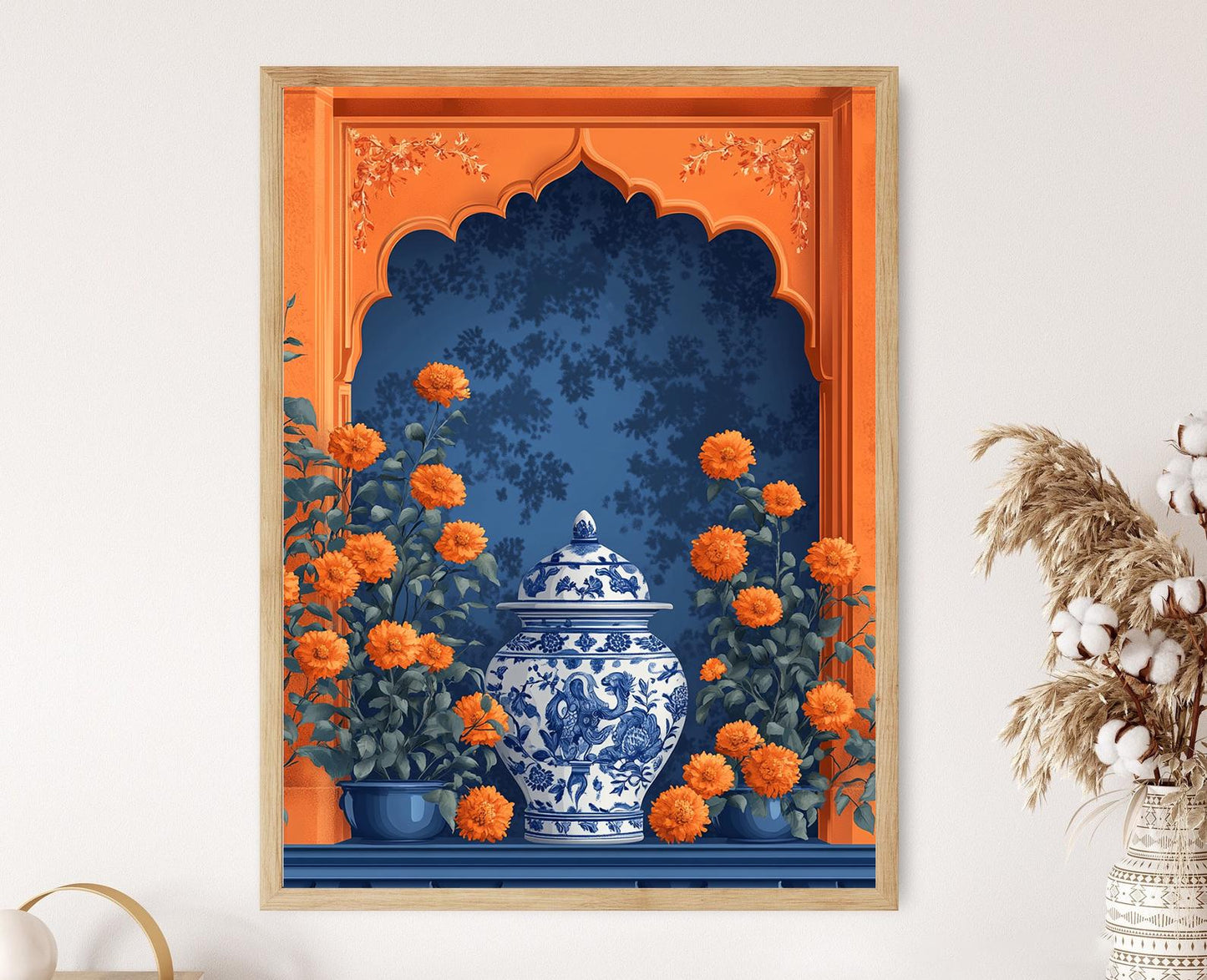 Affiche Jaipur Blue Pottery – Art floral Jharokha, décoration indienne