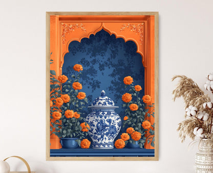 Affiche Jaipur Blue Pottery – Art floral Jharokha, décoration indienne