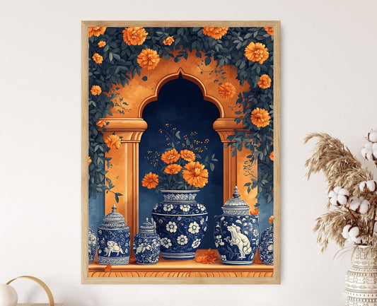 Affiche en céramique bleue de Jaipur – Poster Floral Jharokha indien