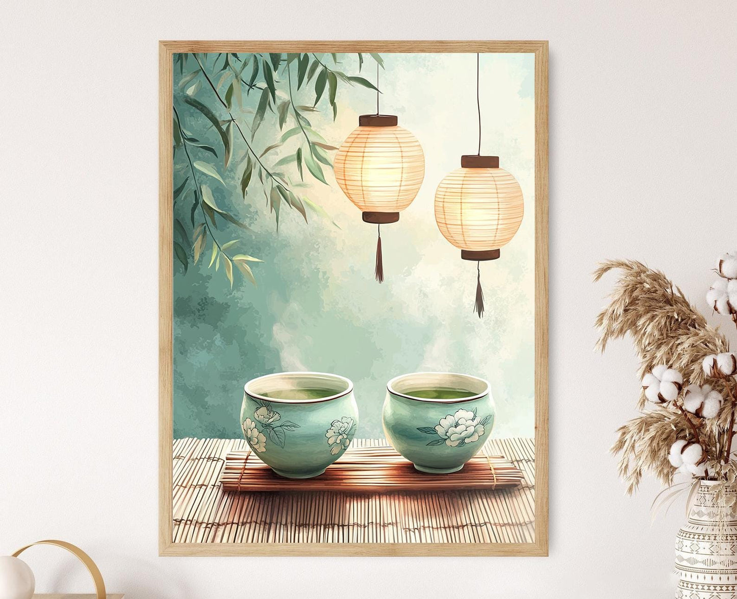 Affiche Céramique Céladon – Poster Élégance Chinoise : Pivoine & Vagues