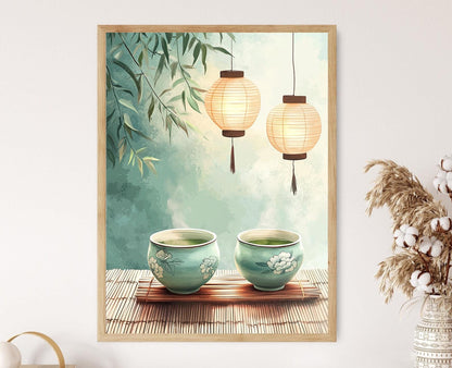 Affiche Céramique Céladon – Poster Élégance Chinoise : Pivoine & Vagues