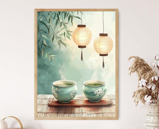 Affiche Céramique Céladon – Poster Élégance Chinoise : Pivoine & Vagues