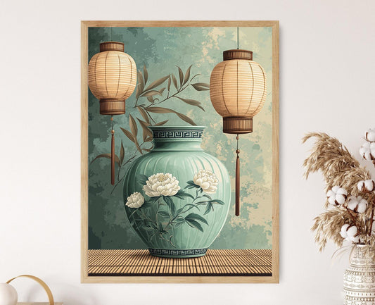 Affiche Céramique Céladon – Poster Poterie Chinoise avec Pivoine et Vagues