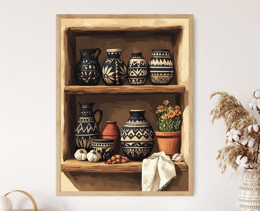 Affiche Poterie Pueblo – Poster Art Noir sur Argile avec Motif Étape