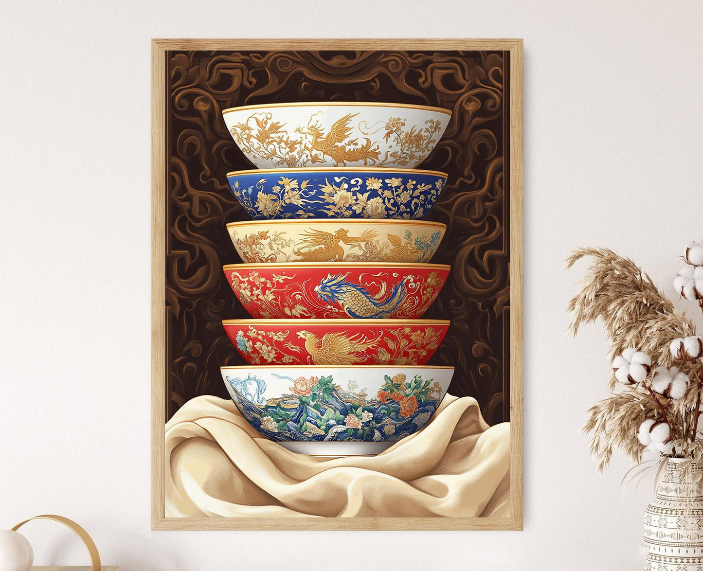 Affiche Phénix Benjarong – Poster Art en Porcelaine Thaïlandaise, Texture Soie