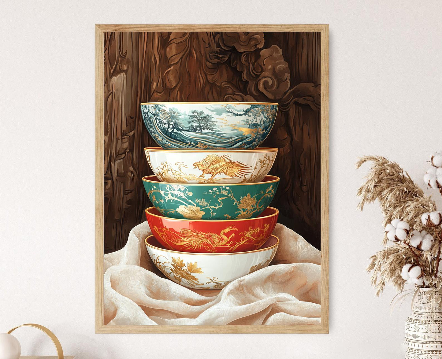 Affiche Phénix Doré – Impression en céramique Benjarong thaïlandais