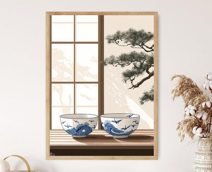 Affiche Vague Seigaiha Japonaise – Poster Éléphant Indigo Minimaliste