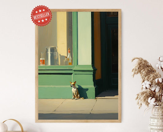 Affiche Petit Chien et Boutique – Impression Scène de Rue Inspirée d’Edward Hopper