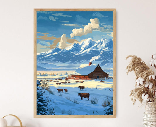 Affiche Montana Hiver – Illustration Cow-boy Neige pour Décor Fermier