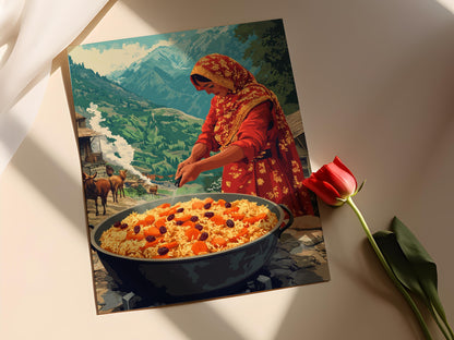 Affiche Femme Afghane Cuisinant le Kabuli Pulao – Art Traditionnel Rurale