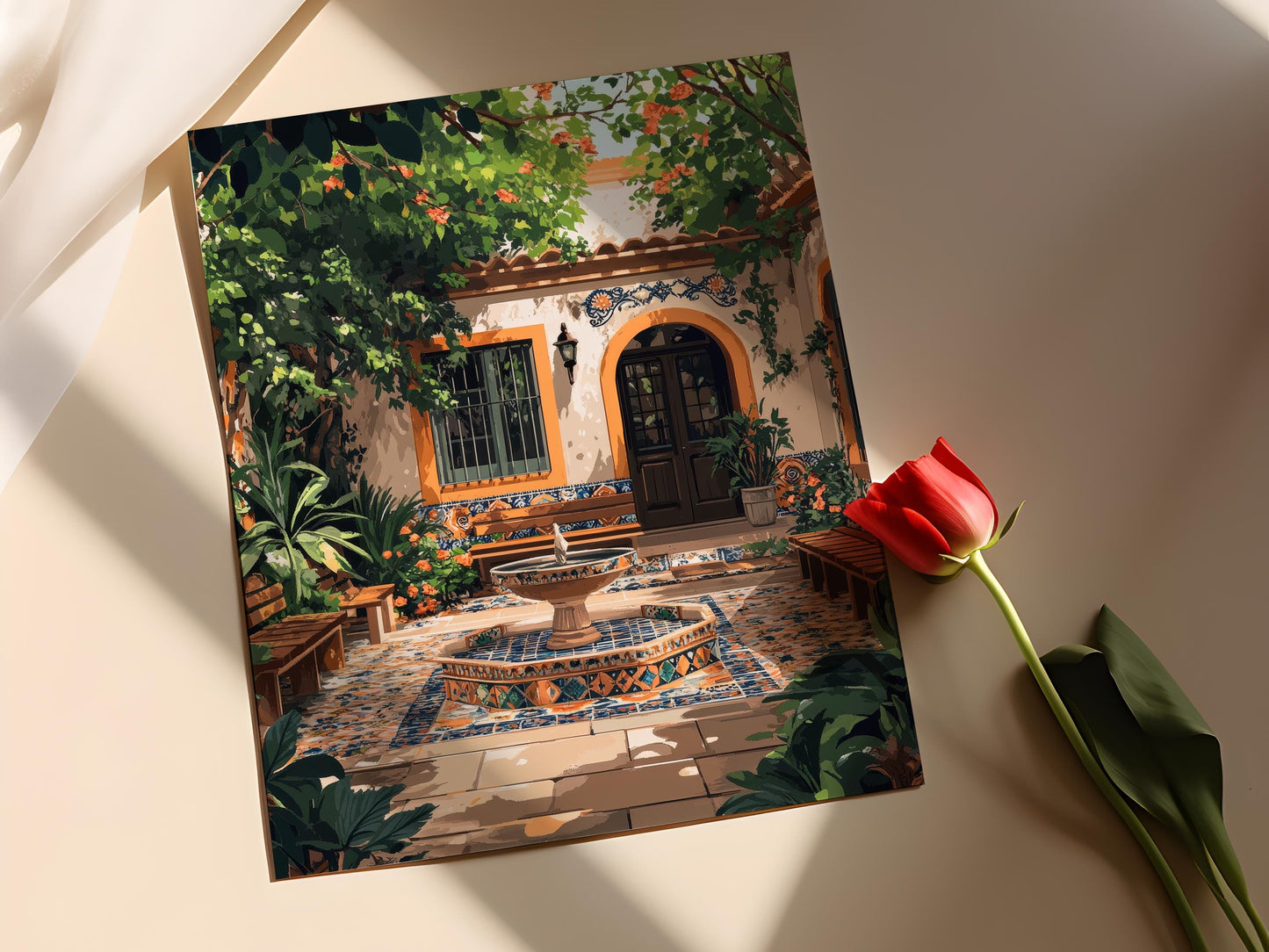 Affiche Décor Patio Chilien – Poster Azulejos et Fontaine Culturelle