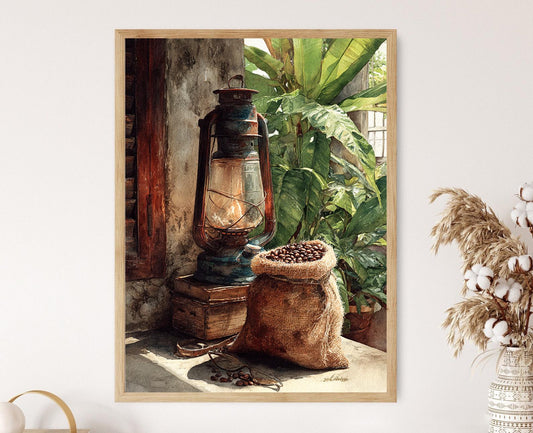 Affiche Café Colombien & Lampe à Huile – Art Aquarelle Rustique