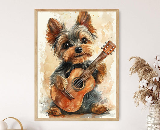 Affiche Yorkshire Terrier – Poster de Chiot Jouant de la Guitare Amusant