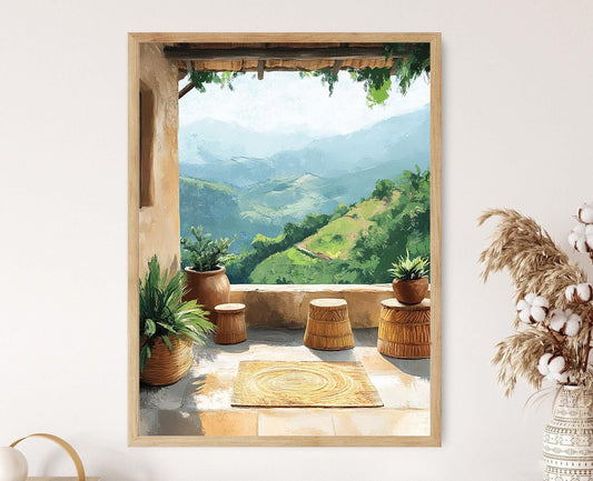 Affiche Art de Patio Rwandais – Poster Décor Agaseke et Tabouret