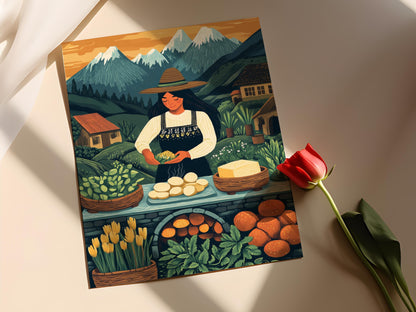 Affiche Équateur – Illustration Femme Cuisinant des Llapingachos