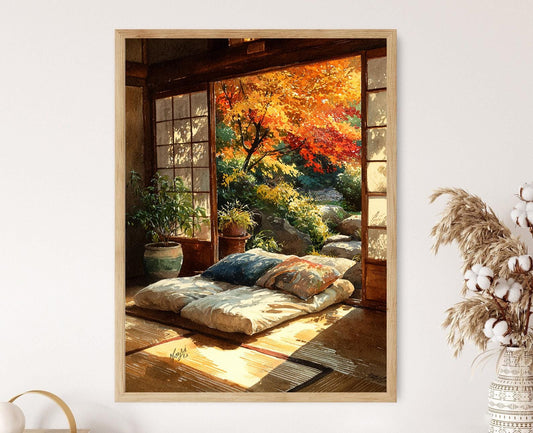 Affiche Kyoto Tatami – Poster Aquarelle Feuilles d'Érable Japonaises