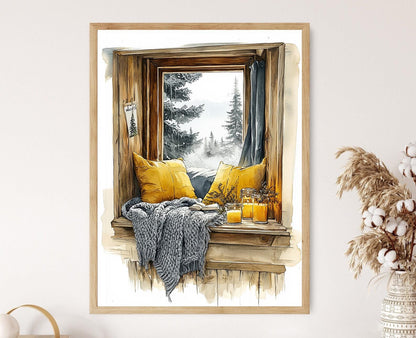 Affiche Scandinave – Impression aquarelle de sapins enneigés et plaids tricotés