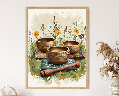 Affiche Bol Chantant Tibétain – Illustration Ornée avec Coussin