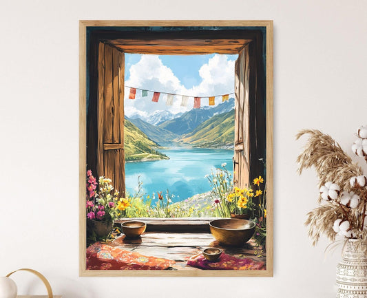 Affiche Lac Yamdrok – Illustration de Fenêtre avec Eaux Turquoises et Panneaux