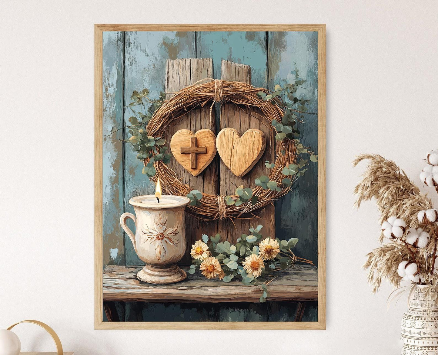 Affiche Rustique Croix & Cœur – Illustration de Foi en Art Print