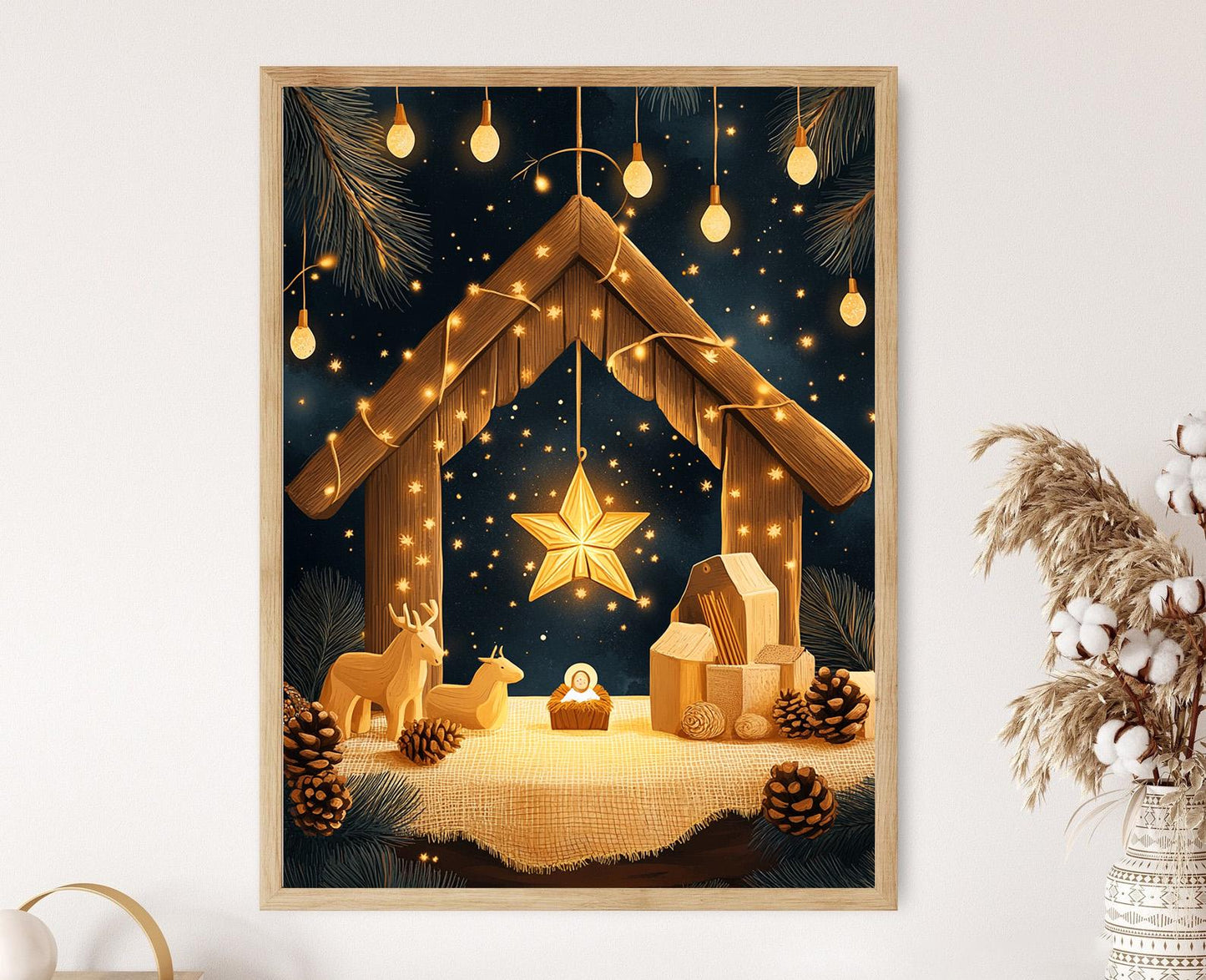 Affiche Étoile de Bethléem – Poster Scène de Nativité Rustique avec Lumières