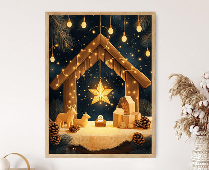 Affiche Étoile de Bethléem – Poster Scène de Nativité Rustique avec Lumières