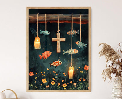 Affiche Croix Rustique et Poisson – Art Décoratif de Foi Chrétienne
