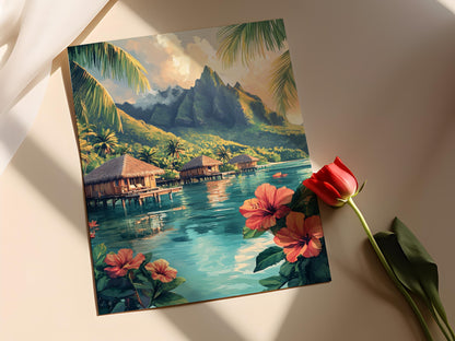 Affiche Bungalow Tahitien – Art Tropical avec Fleurs d'Hibiscus